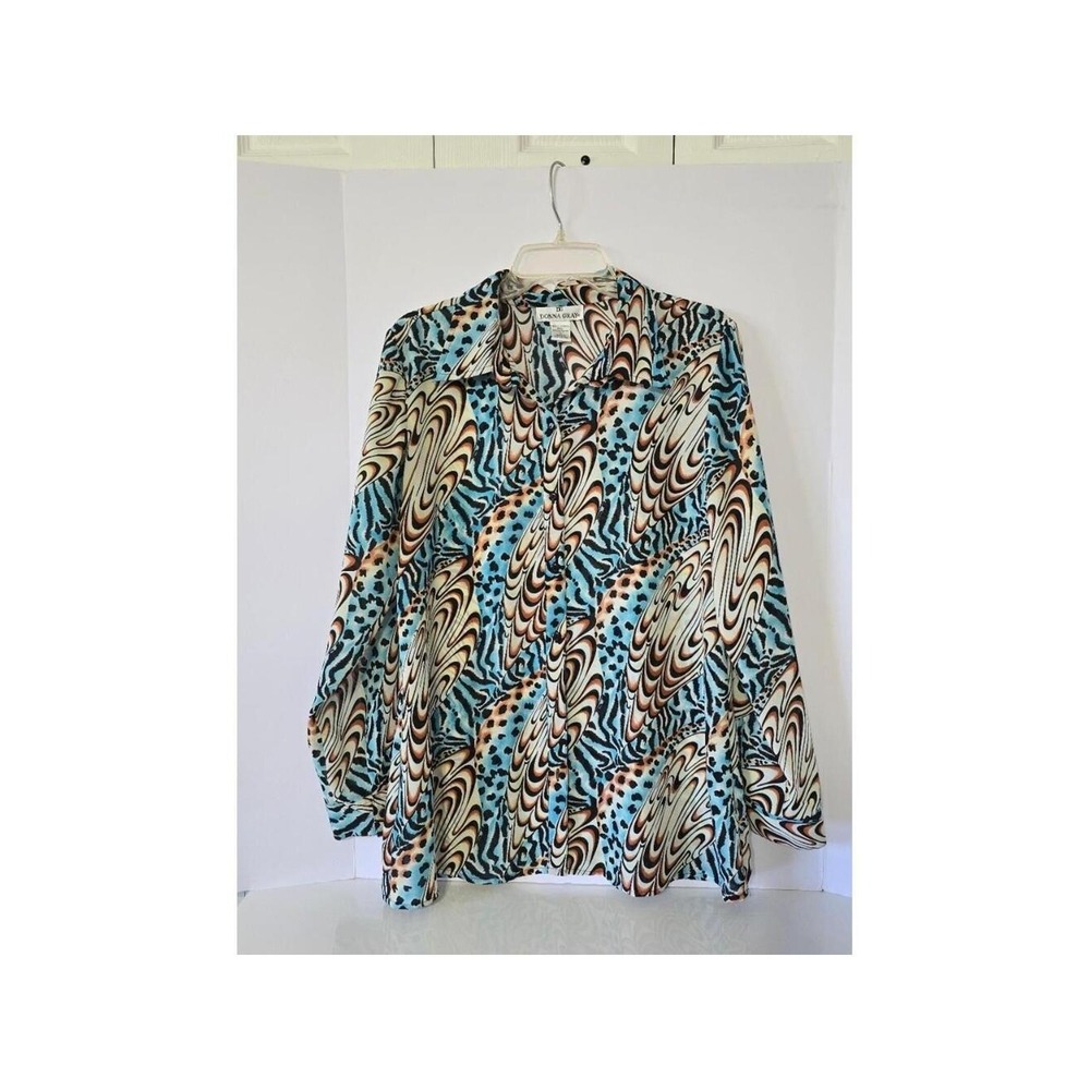 Donna Gray Blue Orange Psychedelic‎ Animal Print Button Front Blouse Large